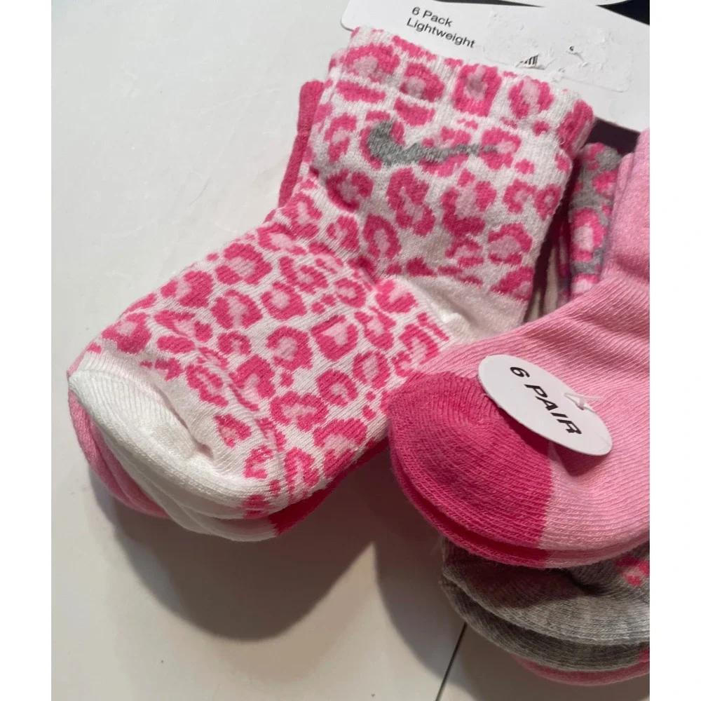 Nike 6 Pack Lightweight Ankle Socks Infant Toddler Pink Leopard Print NN0662-AA7